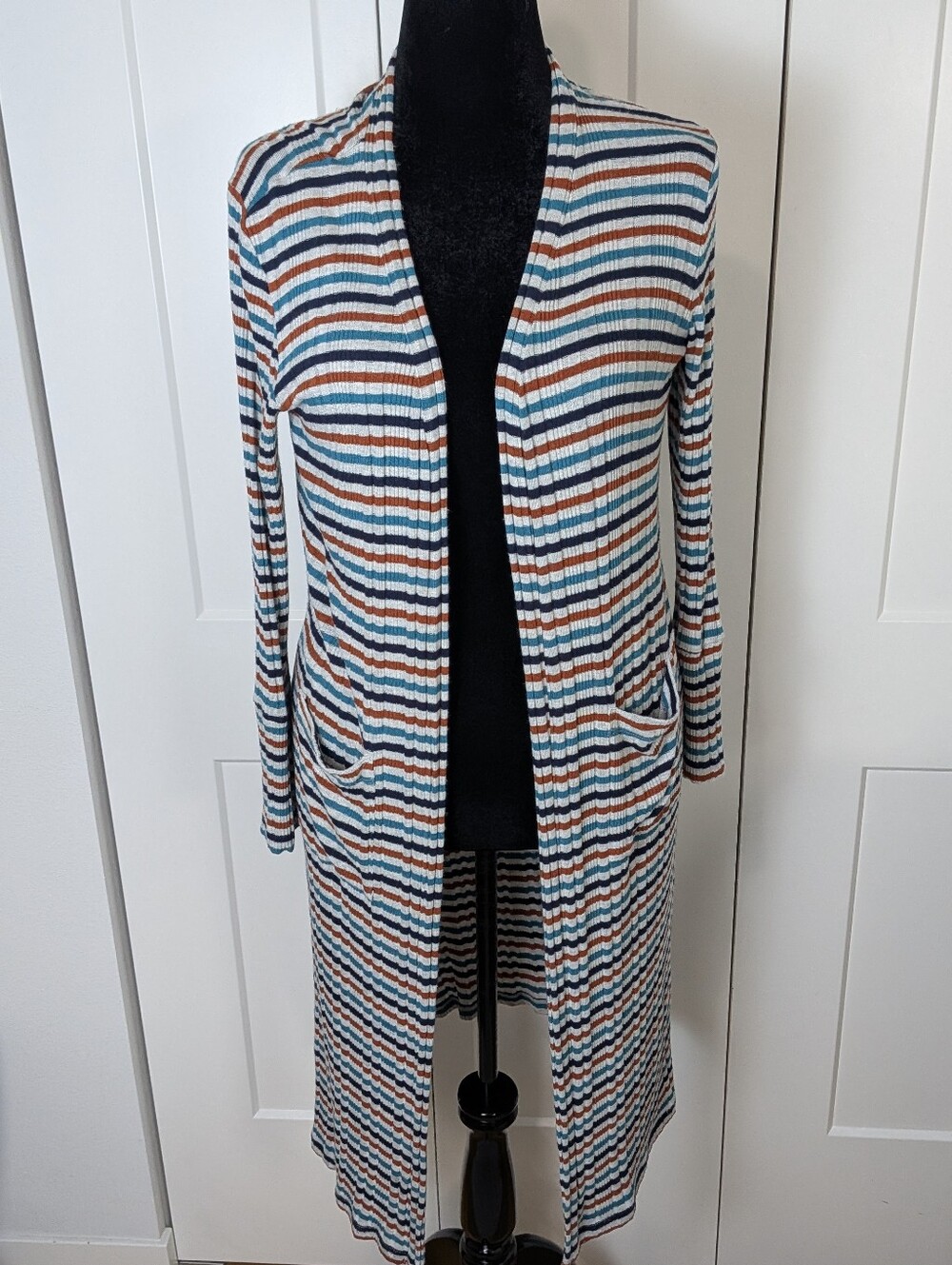 Peyton Jensen Women Striped Ribbed Knit Open Front Cardigan Pockets Size L